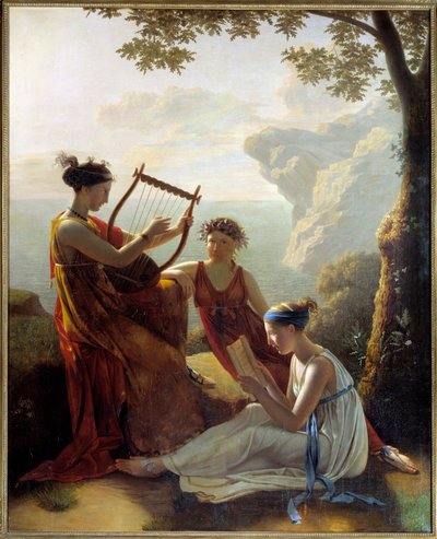 La poetessa greca Saffo suona la lira con due delle sue compagne da Jacques Louis Michel Grandin