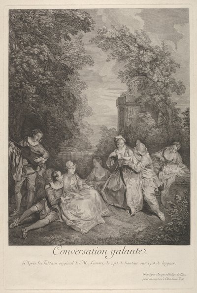 Conversazione galante: coppie che conversano in un giardino, 1743 da Jacques Philippe Le Bas