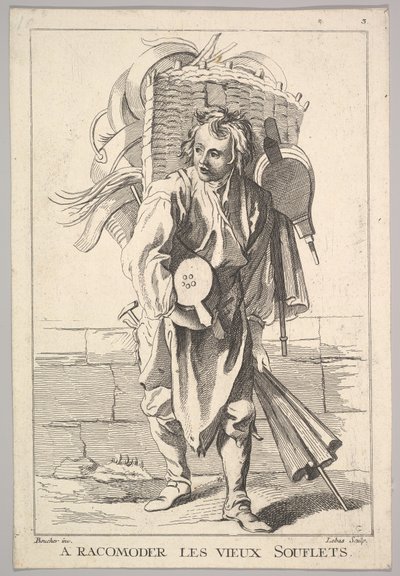 Copia inversa di A Racomoder les Vieux Souflets Mend the Old Bellows, da Le Cri..., XVIII secolo da Jacques Philippe Le Bas
