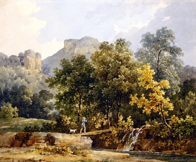 Cacciatore che attraversa un ponte su un fiume da Jacques Raymond Brascassat