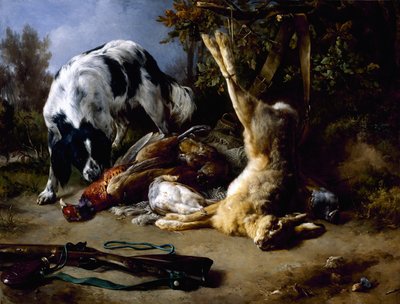 Spaniel con una natura morta di selvaggina morta da Jacques Raymond Brascassat
