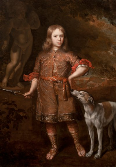 Ritratto di un ragazzo come cacciatore con una lancia da cinghiale e un levriero, metà degli anni 1670 da Jacques Vaillant