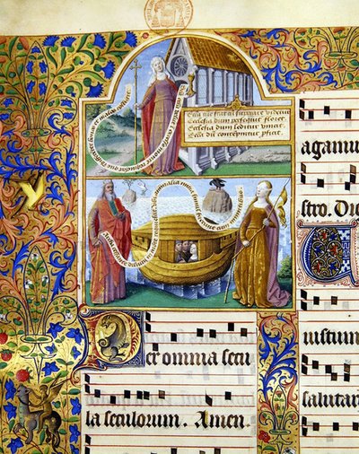 Miniature che raffigurano una rappresentazione allegorica della Chiesa e sotto Mosè che tiene le tavole della Legge con l