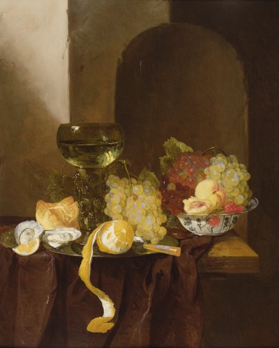 Natura morta con frutta, un limone sbucciato e un Roemer su un ripiano da Jacques de Claeuw