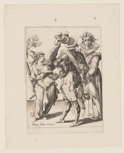 Un Cupido bendato che tiene una torcia davanti a una coppia, da Le mascherate da Jacques de Gheyn II