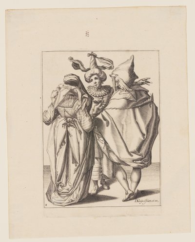 Una coppia che si rivolge a un giovane gesticolante, da Le mascherate da Jacques de Gheyn II