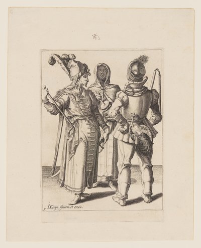 Un Granduca in abito orientale, un uomo con un cazzo attaccato alla cintura e una donna velata che suona la pentola, da Le mascherate da Jacques de Gheyn II