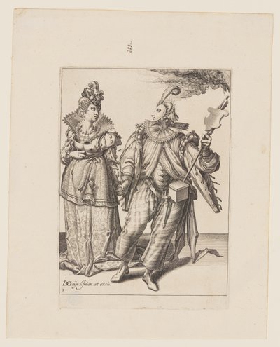 Una donna guidata da un suonatore che tiene una torcia, da Le mascherate da Jacques de Gheyn II