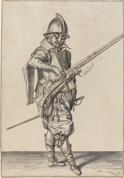 Soldato elegantemente vestito che si prepara a sparare con il caliver da Jacques de Gheyn II