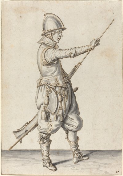 Soldato elegantemente vestito che tampona il suo caliver da Jacques de Gheyn II