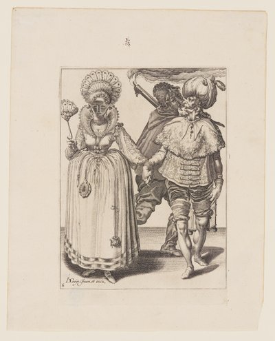 Uomo con turbante che guida una donna che indossa piume di pavone, dietro di loro un tedoforo, da Le mascherate da Jacques de Gheyn II