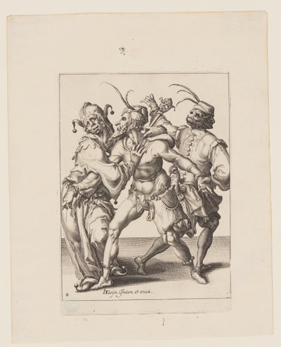 Tre mummers danzanti con un giullare, da Le mascherate da Jacques de Gheyn II