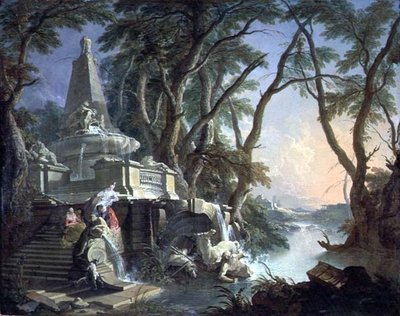 La Fontana della Piramide con una Statua Rovinata di Nettuno, o Paesaggio: Il Fiume da Jacques de Lajoüe