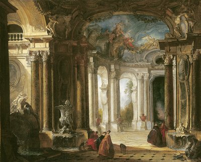 Interno di un palazzo barocco con compagnia elegante che conversa vicino a fontane da Jacques de Lajoüe