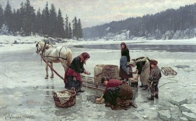 Donne che fanno il bucato attraverso un buco nel ghiaccio da Jahn Ekenaes