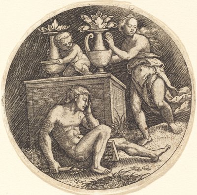 Gioventù che dorme davanti a un altare da Jakob Binck