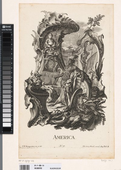 Rocaille con la personificazione del continente America (De vier werelddelen) da Jakob Gottlieb Thelott