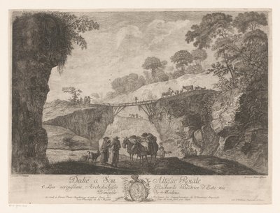 Paesaggio montano con un ponte di legno tra due rocce da Jakob Wangner