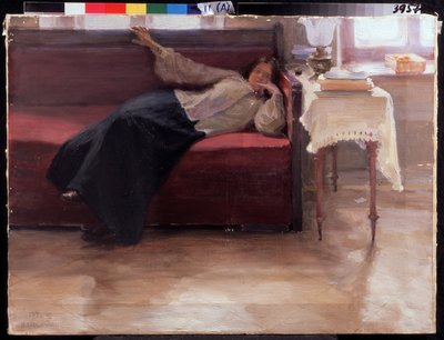 ""Songes"" giovane ragazza pensierosa sdraiata su un divano. Dipinto di Jakov Kalinichenko (1869-1938) 1904 State Regional I. Pozhalostin Art Museum, Ryasan da Jakoff Jakovlevitch Kalinitchenko