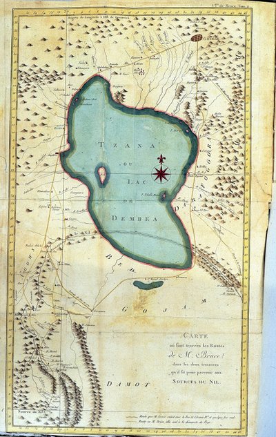 Mappa della regione del Lago Tzana o Lago Dembea (percorsi di M. Bruce nei suoi due tentativi di raggiungere le sorgenti del Nilo) - in "Viaggio in Nubia e Abissinia intrapreso per scoprire le sorgenti del Nilo durante gli anni 1768-1772", di James Bruce,  da James Bruce