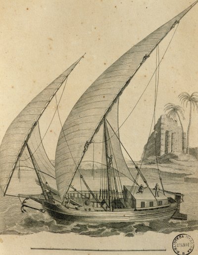 Barca a vela della Nubia, Egitto, incisione da Cartes et figures du Voyage en Nubie et en Abyssinie, James Bruce da James Bruce