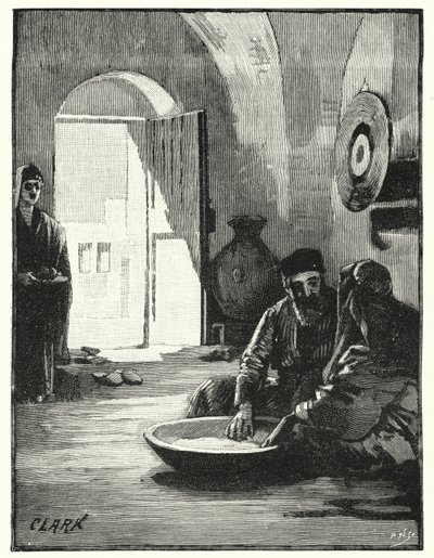 Mangiare da un piatto comune, usanza orientale (litografia) da James (after) Clark