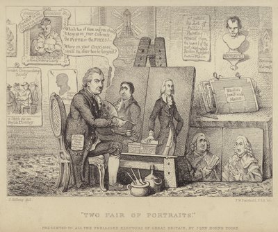 Due coppie di ritratti: caricatura anti-Whig che raffigura John Henry Tooke con ritratti di Charles James Fox che personifica il vizio e William Pitt il Giovane che rappresenta la virtù da James (after) Gillray