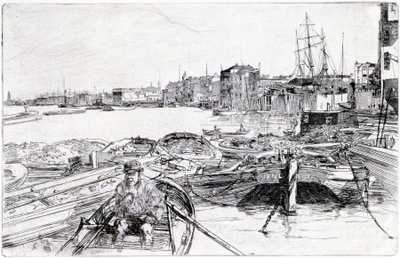 Veduta del Tamigi, sul bacino di Londra (Inghilterra), nel 1859, appartiene a una serie di incisioni sul Tamigi, che mette in evidenza la comunità dei lavoratori marittimi della capitale inglese da James Abbott McNeill Whistler