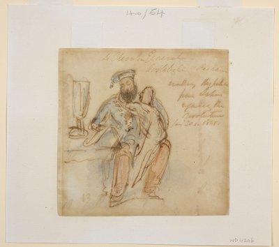 Generale Avitabile seduto a un tavolo che legge, con una donna sulle ginocchia, possibilmente la sua favorita, Begum Peri da James Atkinson