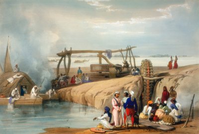 Ruota persiana che solleva acqua dal fiume Sutlej, Punjab da James Atkinson