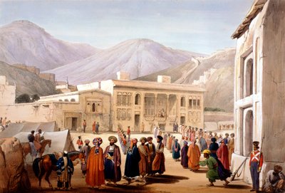 Shah Shoja, burattino dei britannici, tiene un durbar a Kabul, Prima Guerra Anglo-Afghana da James Atkinson