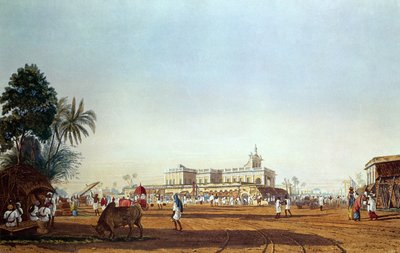 Lall Bazaar e la Cappella Portoghese, Calcutta, inciso da Robert Havell, pub. 1824 da James Baillie Fraser