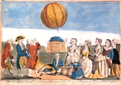 "Il re, la regina ecc. che osservano un pallone lanciato nel giardino del Castello di Windsor" da James Basire
