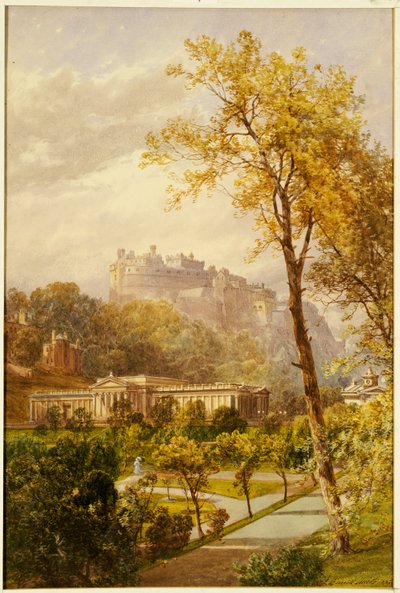 Una vista dei Giardini di Princes Street e della Galleria Nazionale, Edimburgo guardando verso ovest verso il castello, 1855 da James Burrell Smith
