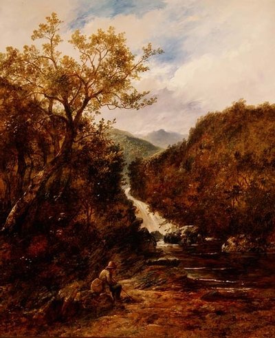 Pescatore presso una cascata boschiva da James Charles Ward