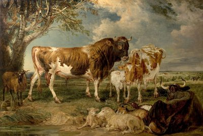 Toro, mucca e vitello in un paesaggio, 1837 da James Charles Ward