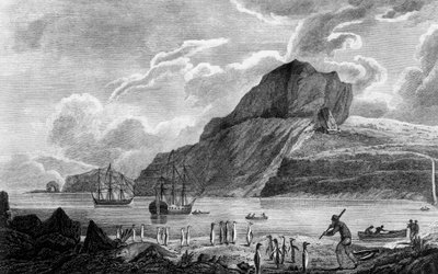 Isola Kerguelen, veduta di Christmas Bay (incisione) da James Cook
