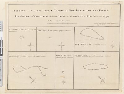 iii. Schizzi delle isole Lagoon, Thrum-Cap, Bow-Island, i Due Gruppi, Bird Island e Chain Island, situate nel Sud, Mare... scoperte in aprile 1769 da James Cook