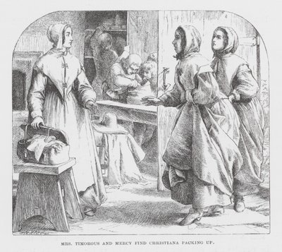 La signora Timorous e Mercy trovano Christiana che fa i bagagli da James Dawson Watson