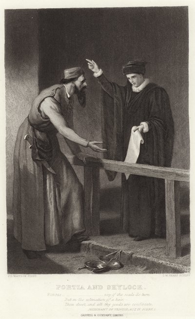 Portia e Shylock, Il mercante di Venezia, Atto IV, Scena I da James Dawson Watson