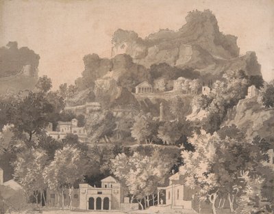 Paesaggio roccioso con edifici classici da James Deacon