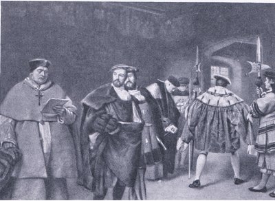 Congedo del Cardinale Wolsey da Re Enrico VIII, dalla Storia del Popolo Britannico di Cassell pubblicata dalla Waverley Book Company, c.1950s da James Dromgole Linton