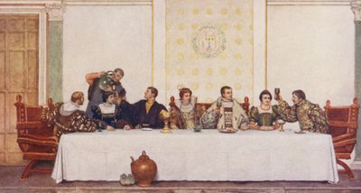 Il mercante di Venezia di Shakespeare: Lorenzo, Jessica, Antonio, Portia, Bassanio, Nerissa e Gratiano da James Dromgole Linton