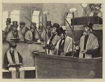 La festa delle capanne alla sinagoga di North London, il lettore che prende il ramo di palma da James Dromgole Linton