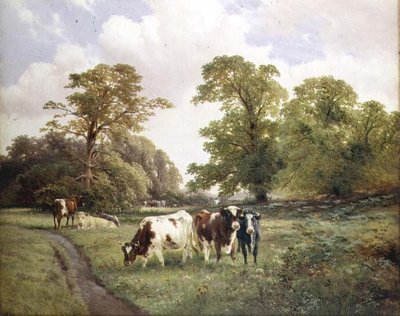 Bestiame che pascola lungo un sentiero in un paesaggio boscoso da James Duffield Harding