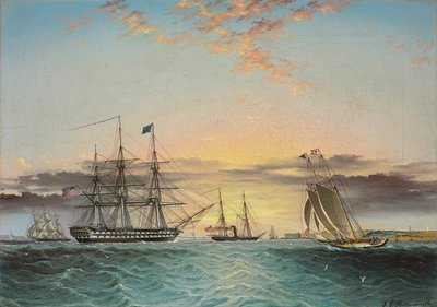La U.S.S. Ohio trainata nella Baia Inferiore, New York con vista su Fort Hamilton da James E. Buttersworth