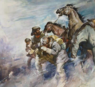 Uomini e cavalli che combattono una tempesta (gouache su carta) da James Edwin McConnell