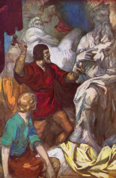 Michelangelo che scolpisce Mosè dalla roccia (litografia a colori) da James Edwin McConnell