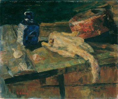 Natura morta con bottiglia blu e pollo spennato da James Ensor
