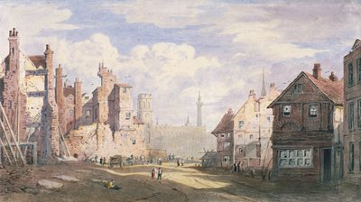 Demolizione di vecchie case vicino a Walbrook per fare spazio a King William Street, City of London, 1834 da James Fahey